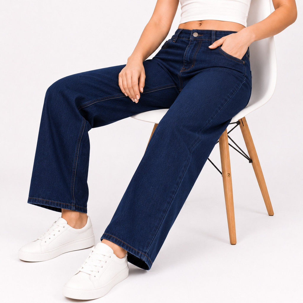 Women's Sleek High-Waist Wide-Leg Dark Navy Blue Denim Jeans-2