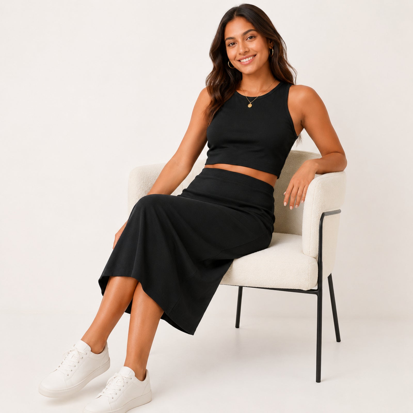 Women's Black Sleeveless Crop Top and Midi Skirt Co-Ord Set-2
