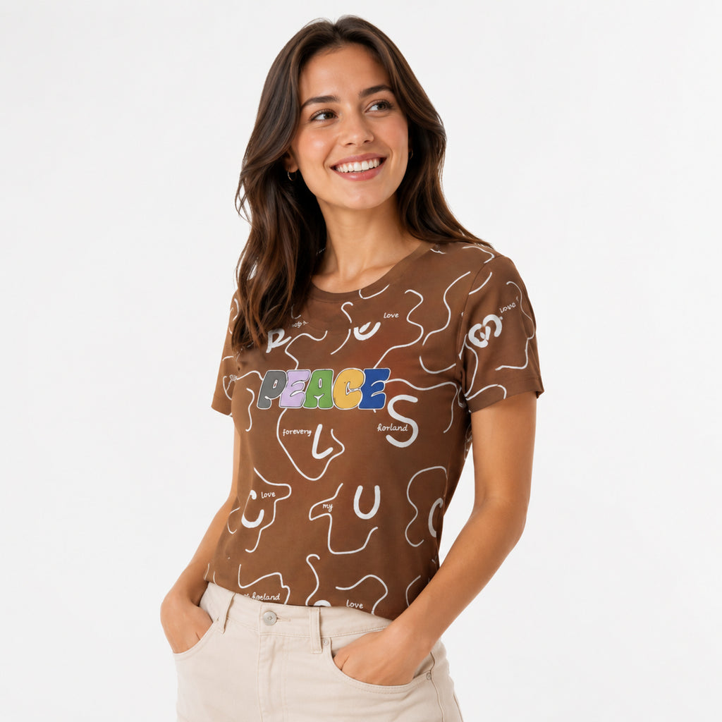 Women's Brown “Peace” Graphic Printed T-Shirt-2