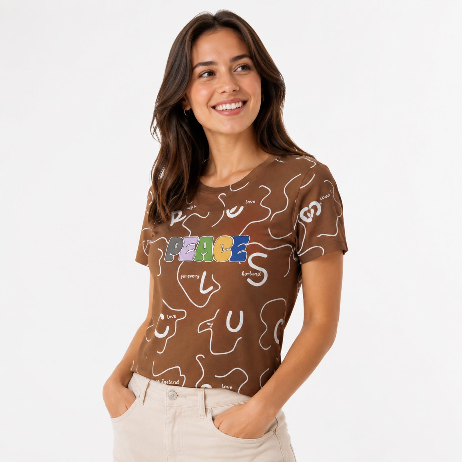 Women's Brown “Peace” Graphic Printed T-Shirt-2