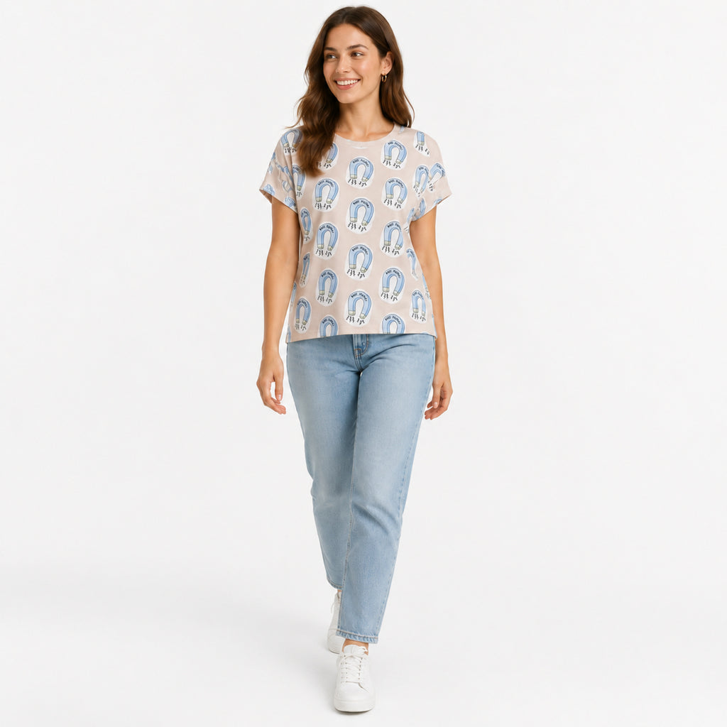 Women's Cream All-Over Printed Cotton T-Shirt | Soft Casual Everyday Top-1