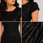 Women's Black Embellished Bodycon Mini Dress with Cap Sleeves-4