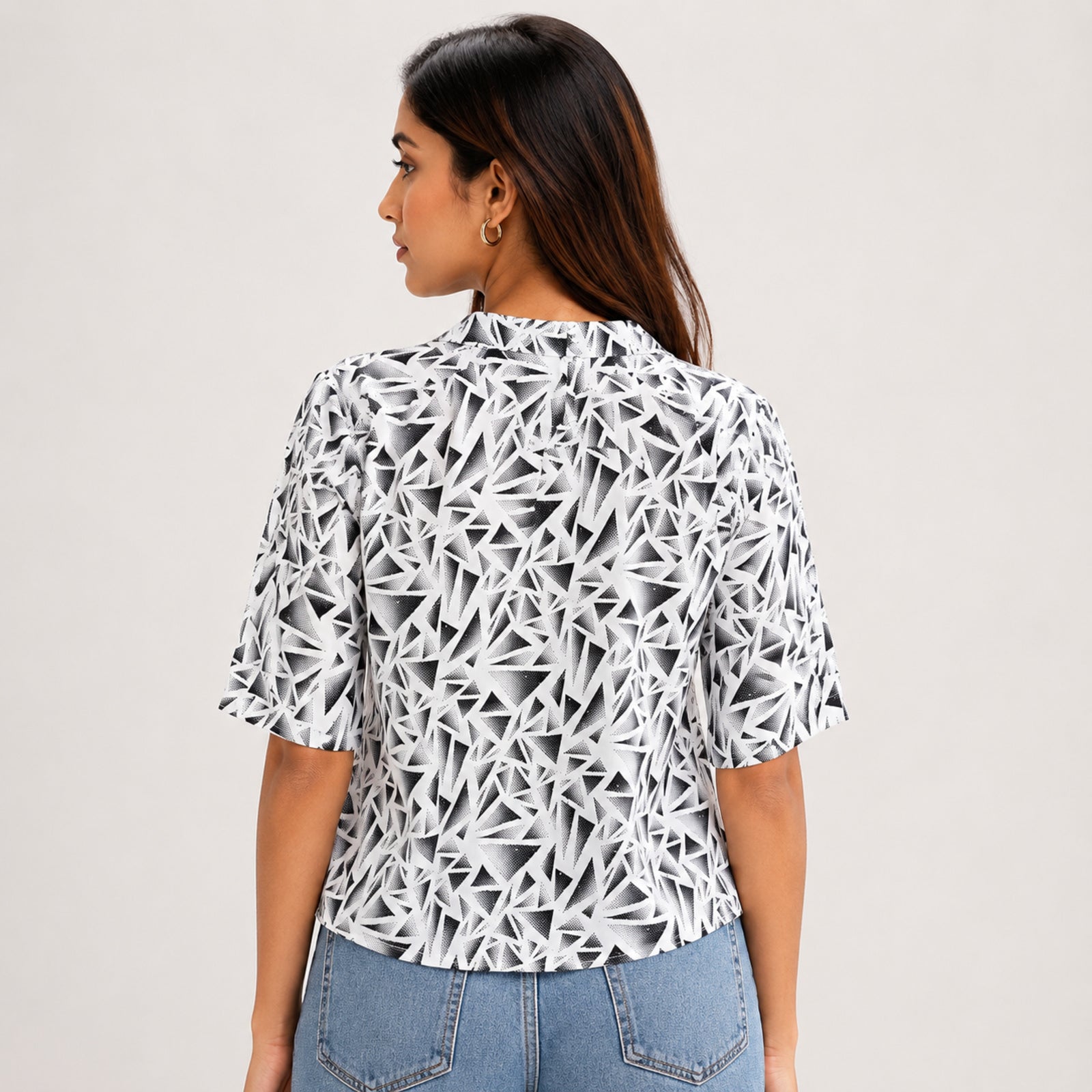 Women's Abstract Geometric Printed White Shirt Top-4