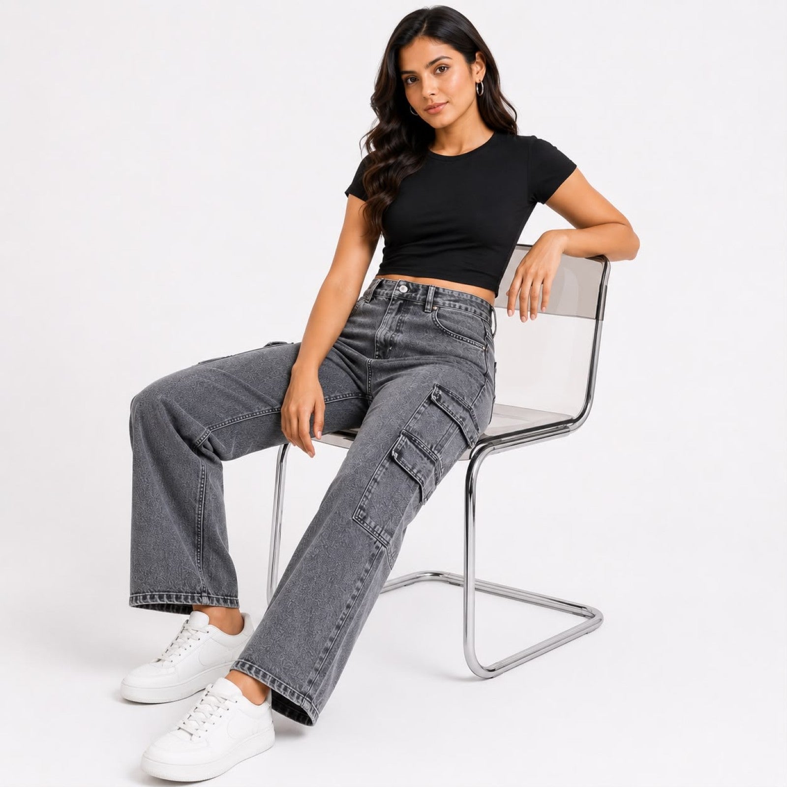 Women's Light Grey High Waist Cargo Jeans | Trendy Wide Leg Utility Denim Pants with Multi Pocket Design-2