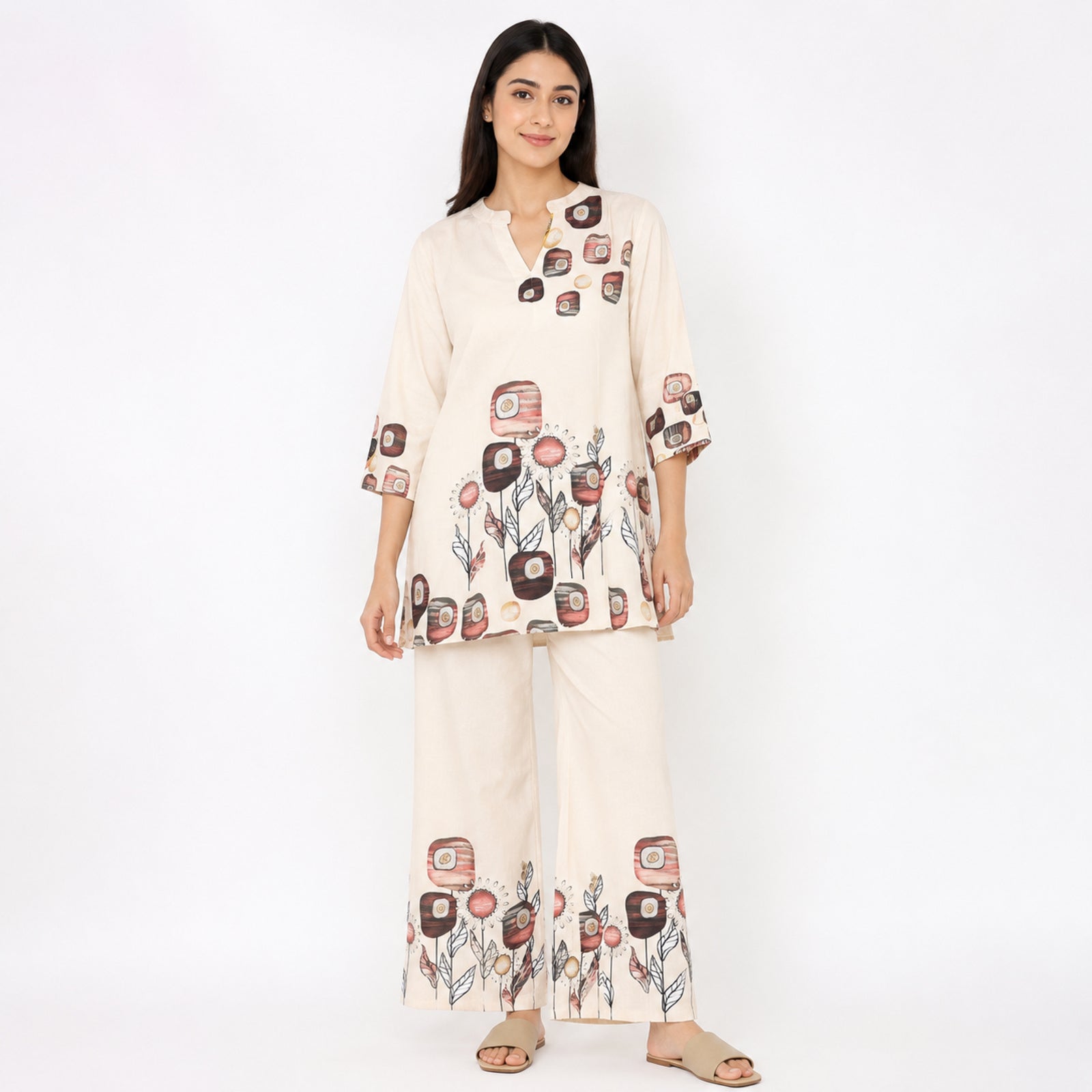 Women's Elegant Abstract Floral Printed Beige Kurta and Palazzo Set-1