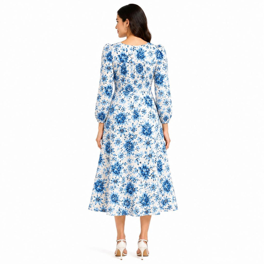 Women's Blue Floral Printed Midi Dress with Round Neck & Full Sleeves-4