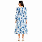 Women's Blue Floral Printed Midi Dress with Round Neck & Full Sleeves-4