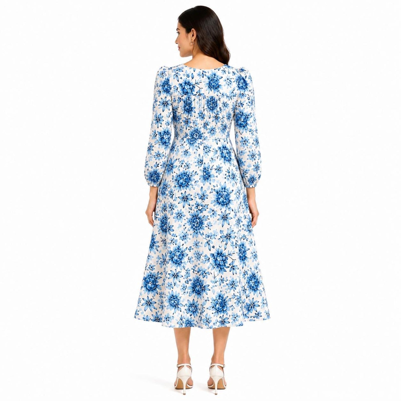 Women's Blue Floral Printed Midi Dress with Round Neck & Full Sleeves-4
