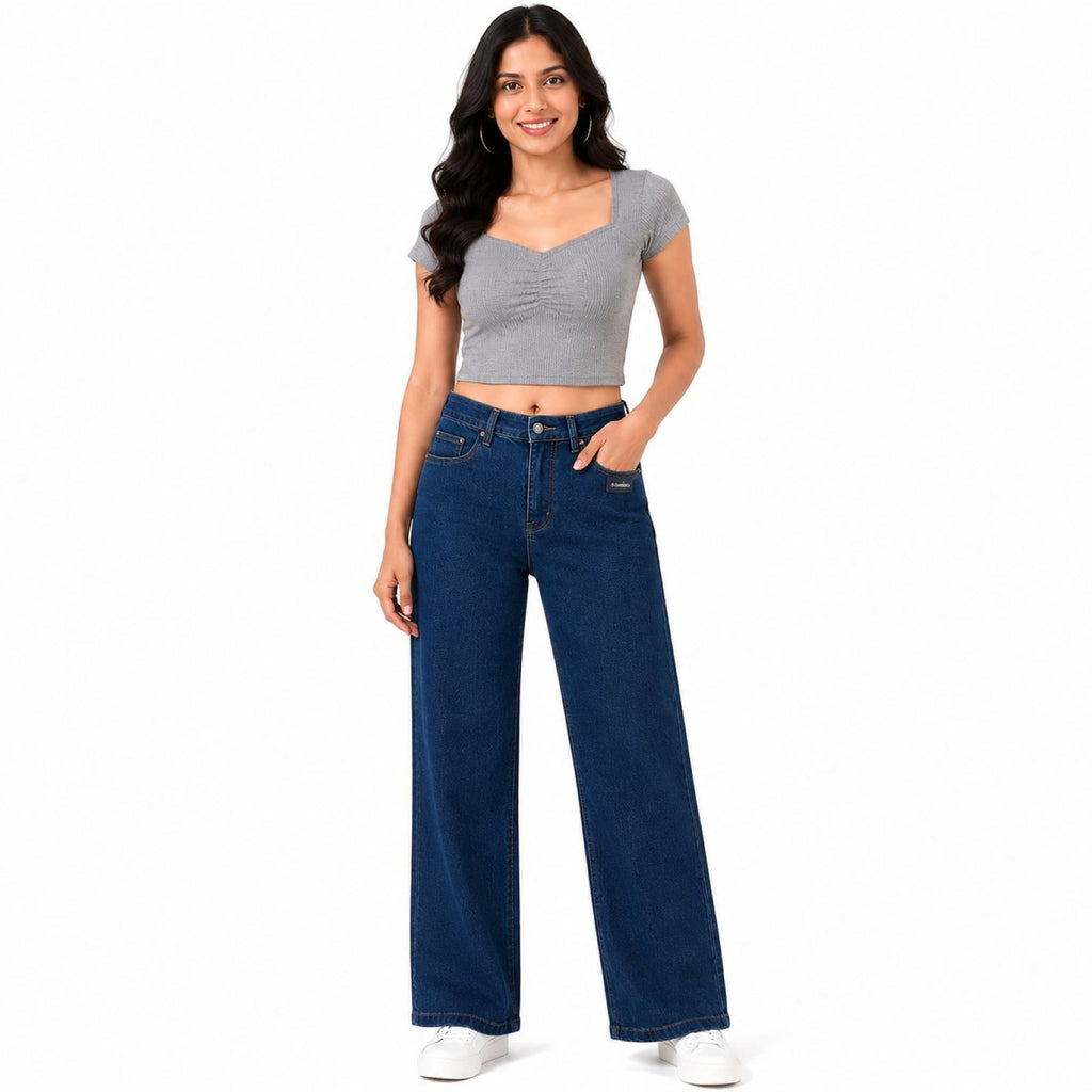 Women's Dark Blue Wide Leg High-Rise Jeans | Casual Everyday Denim Pants-1