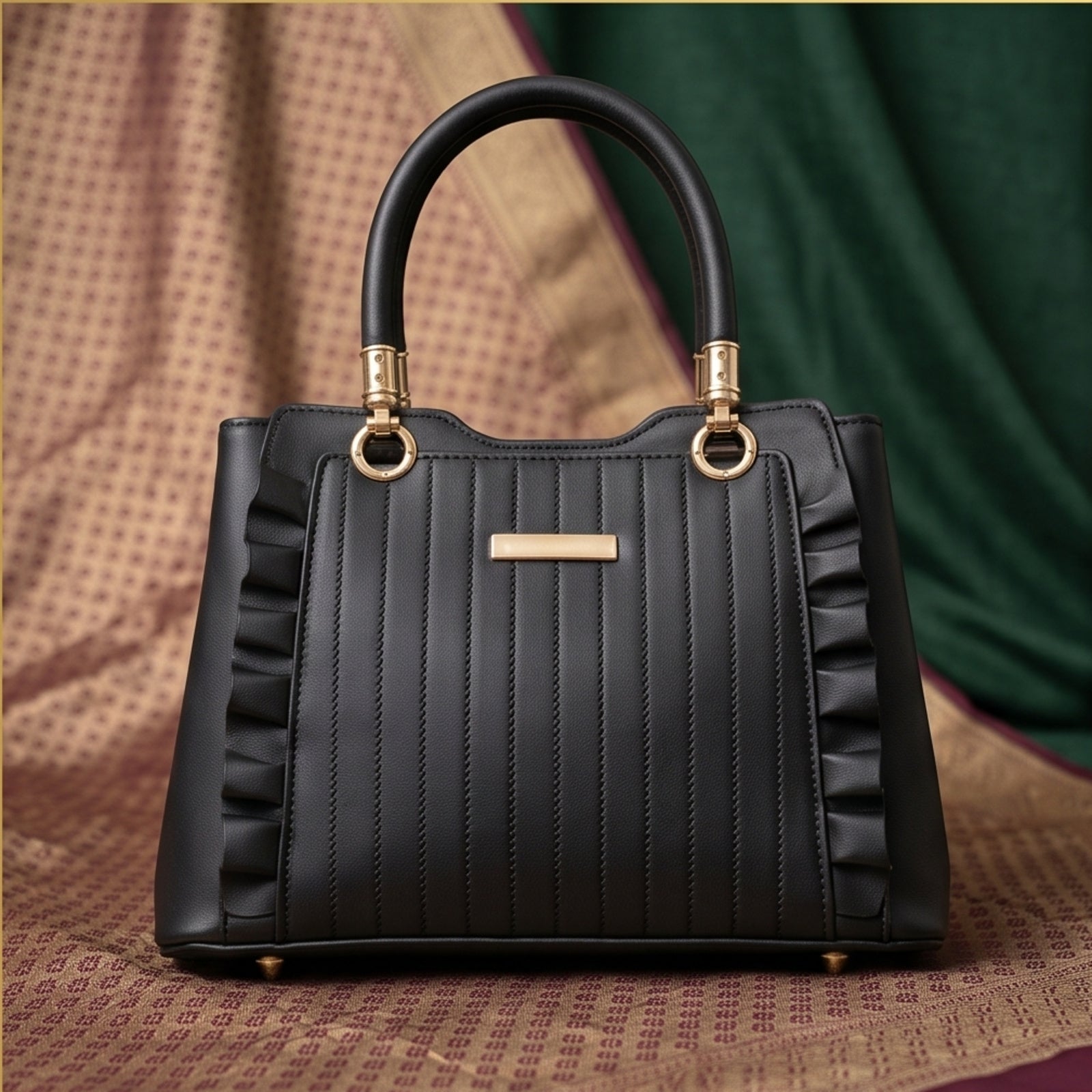 Women's Black Quilted Structured Handbag with Gold-Tone Handle-1