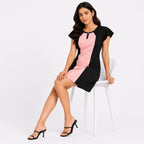 Women's Peach & Black Color Block Cap Sleeve Sheath Mini Dress-3