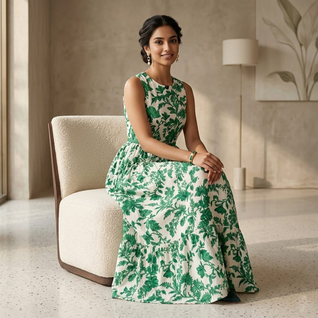 Women's Green Floral Print Sleeveless Maxi Dress-4