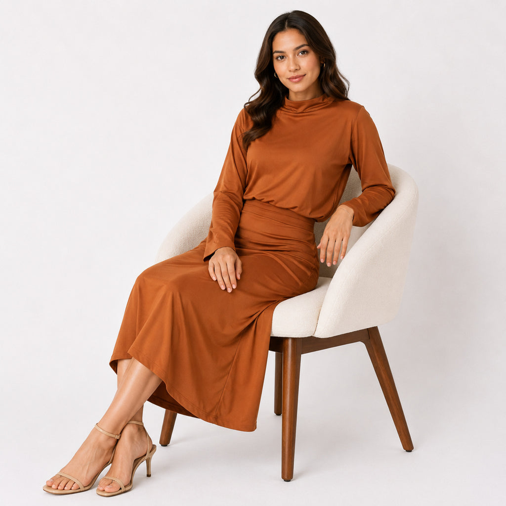 Women's Orange Long Sleeve Crop Top and Midi Skirt Co-Ord Set-3