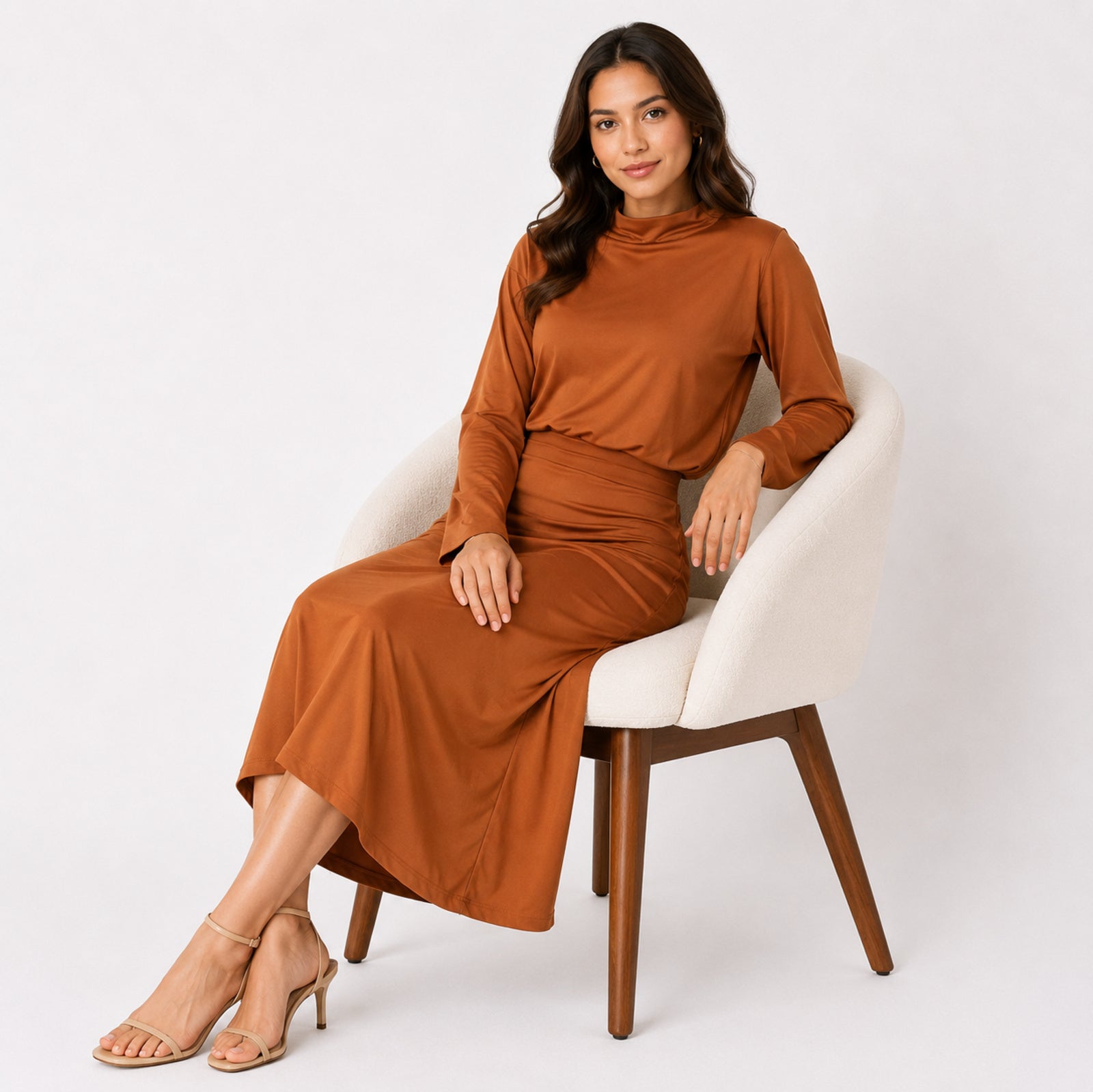 Women's Orange Long Sleeve Crop Top and Midi Skirt Co-Ord Set-3