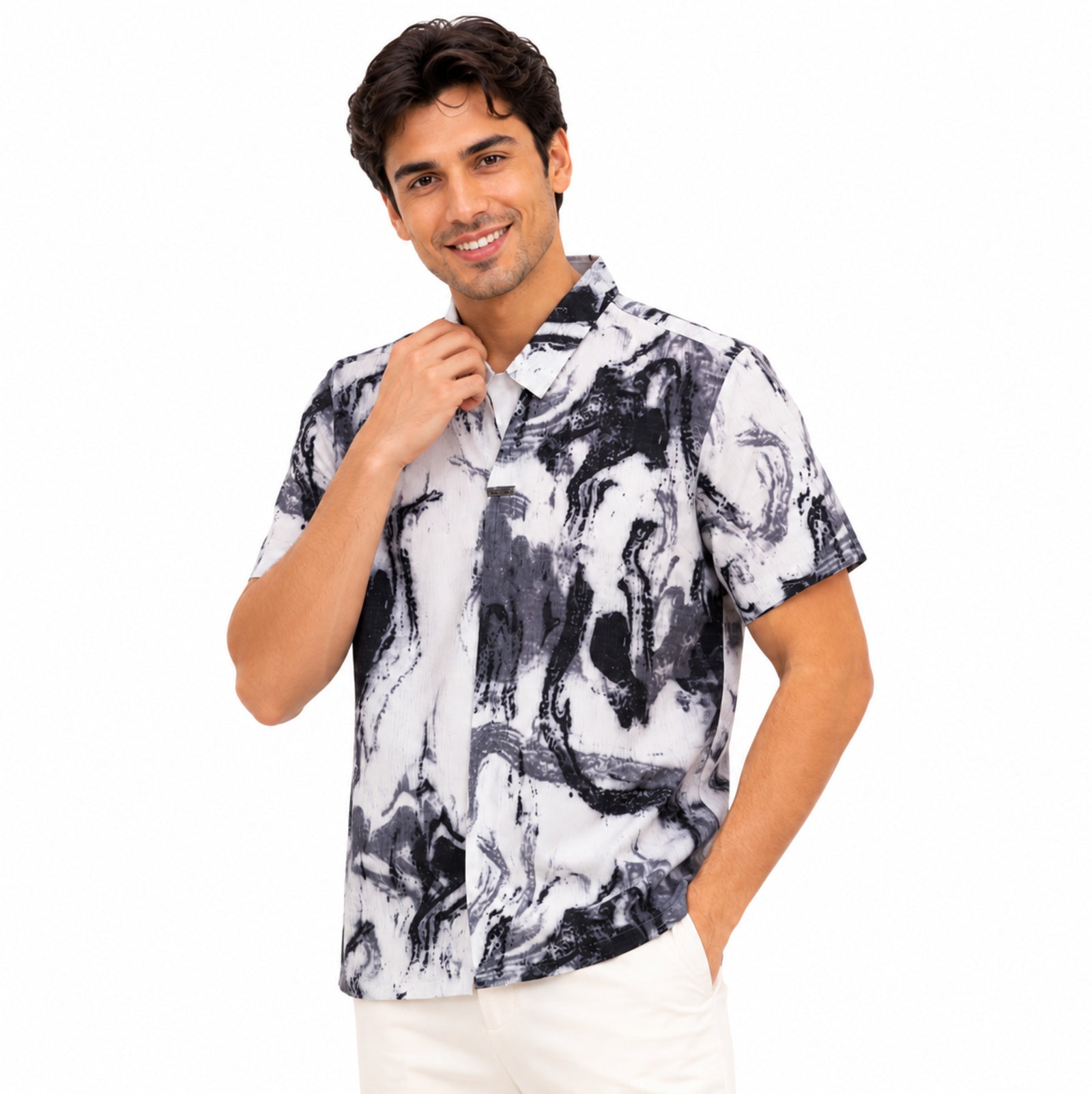 Men's Monochrome Marble Print Casual Shirt-4