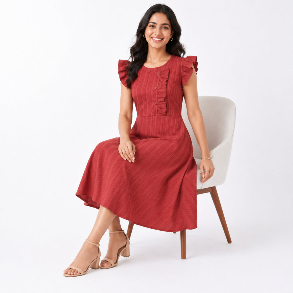 Women's Red Pintuck Ruffle Sleeve Fit and Flare Midi Dress | Button Detail Casual Day Dress-2