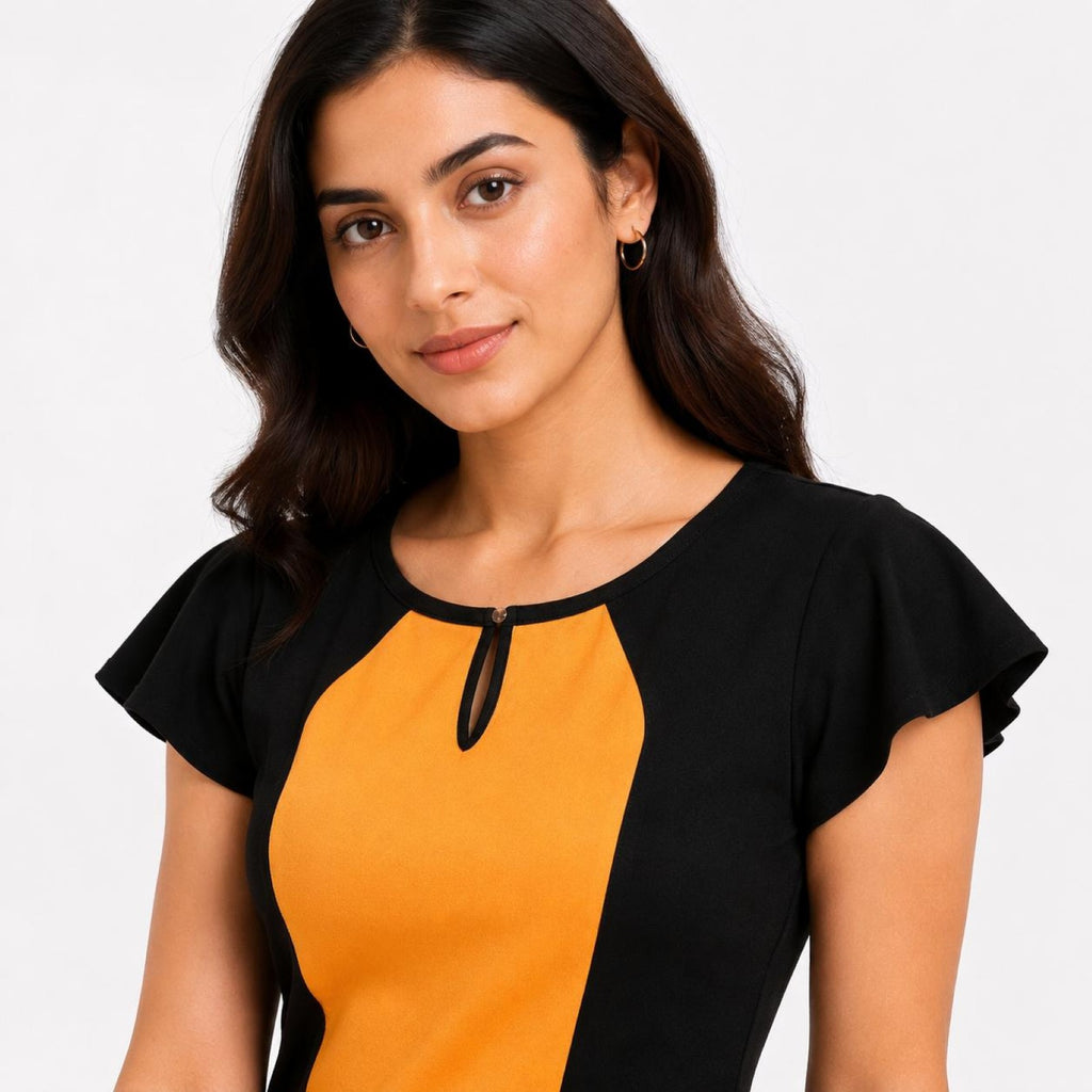Women's Yellow & Black Color Block Cap Sleeve Sheath Mini Dress-4