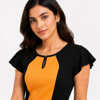Women's Yellow & Black Color Block Cap Sleeve Sheath Mini Dress-4