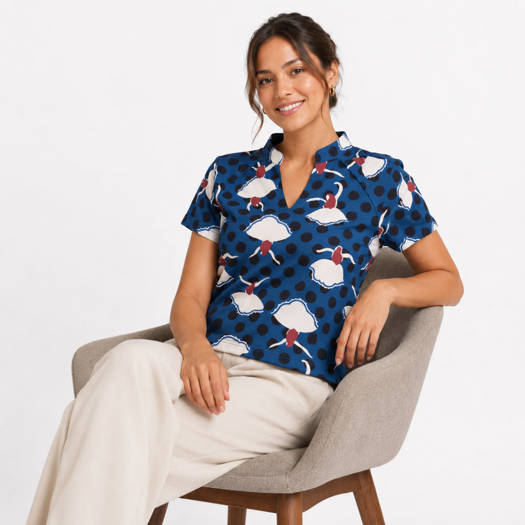 Women's Navy Blue Printed Mandarin Collar Top-3