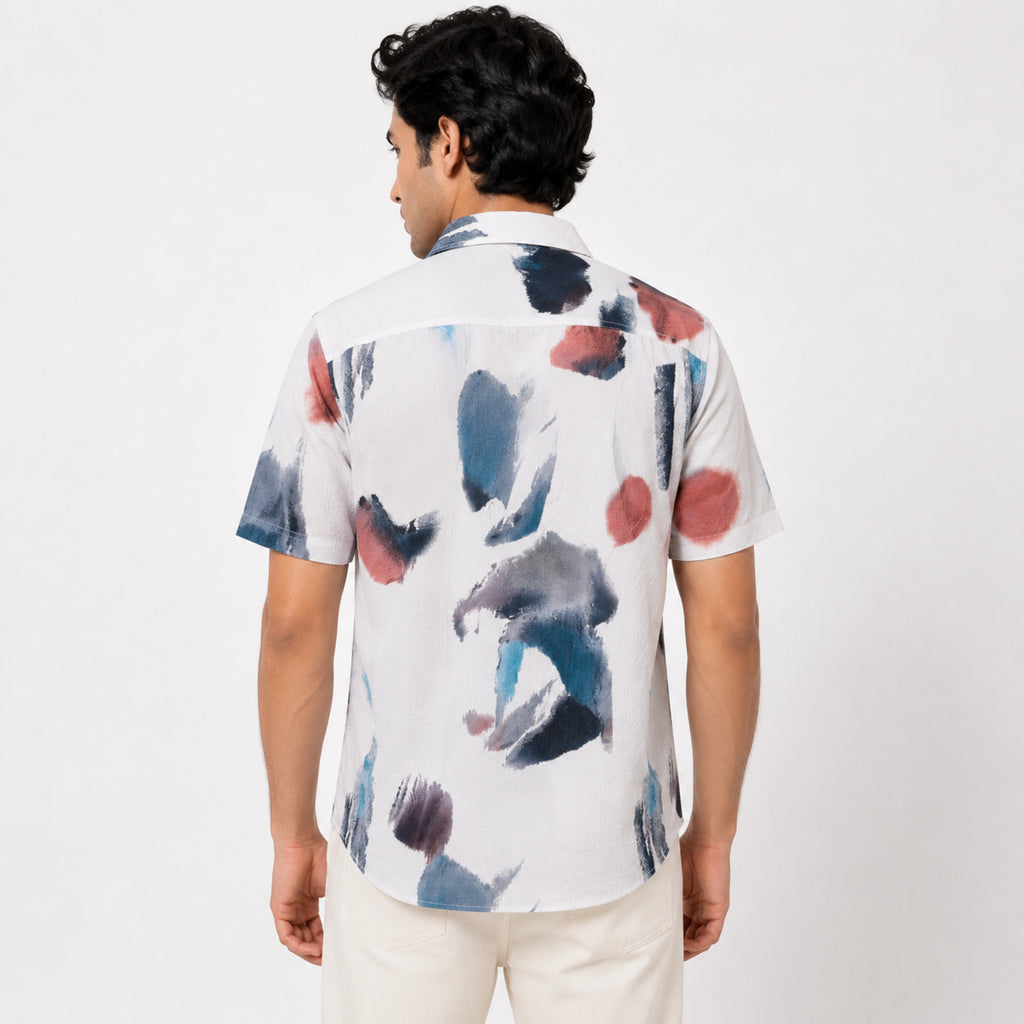 Men's White Abstract Print Half Sleeve Casual Shirt-4