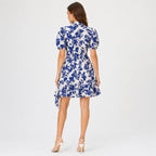 Women's Blue Floral Print Collared Puff Sleeve Fit and Flare Mini Dress | Elegant Casual Day Dress-4
