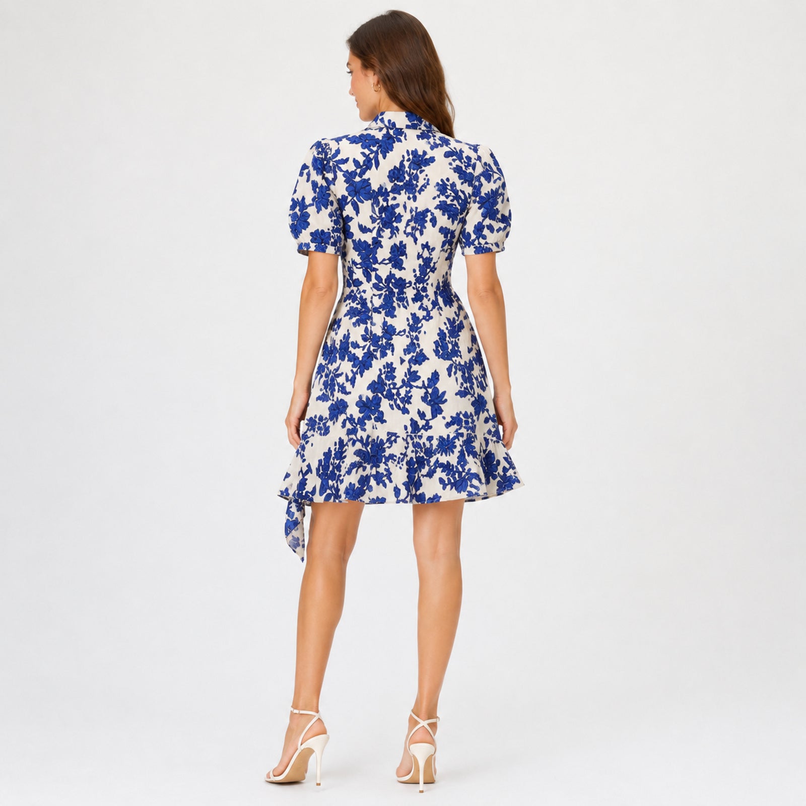 Women's Blue Floral Print Collared Puff Sleeve Fit and Flare Mini Dress | Elegant Casual Day Dress-4