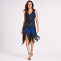 Women's Blue Art Deco Embellished Fringe Hem Sleeveless Mini Dress | Gatsby Party Wear Dress-1