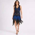 Women's Blue Art Deco Embellished Fringe Hem Sleeveless Mini Dress | Gatsby Party Wear Dress-1