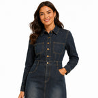 Dark Indigo Denim Shirt Dress – Tailored Midi Silhouette-2
