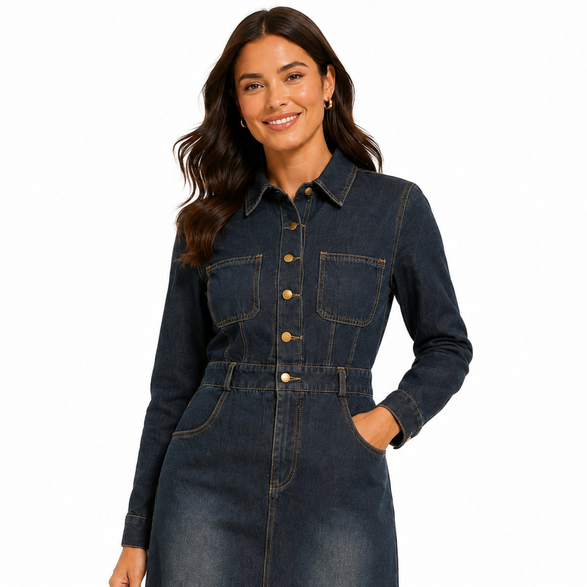 Dark Indigo Denim Shirt Dress – Tailored Midi Silhouette-2