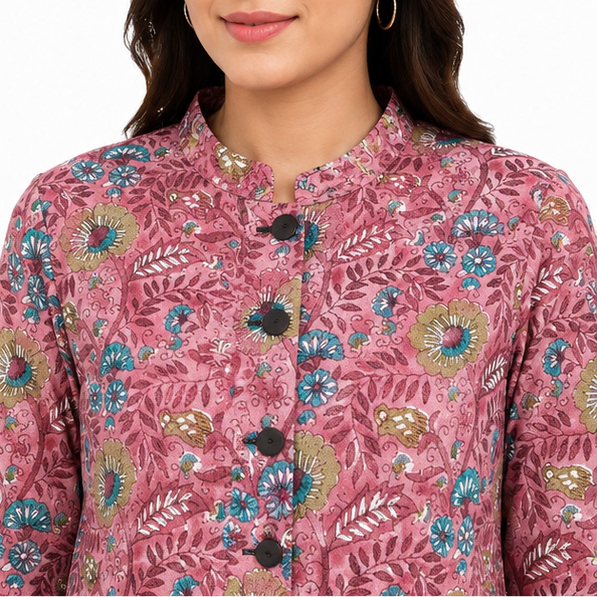 Women’s Pink Printed Jacket – Full Sleeve Button-Front Floral & Abstract Jacket-2