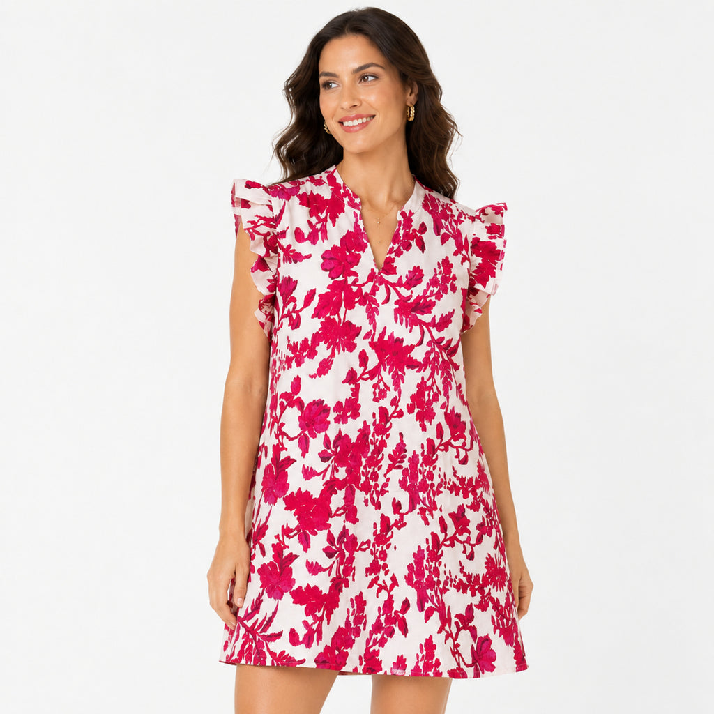 Women's Pink Floral Ruffle Sleeve A-Line Mini Dress | Breezy Casual Day Dress-3
