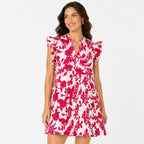 Women's Pink Floral Ruffle Sleeve A-Line Mini Dress | Breezy Casual Day Dress-3