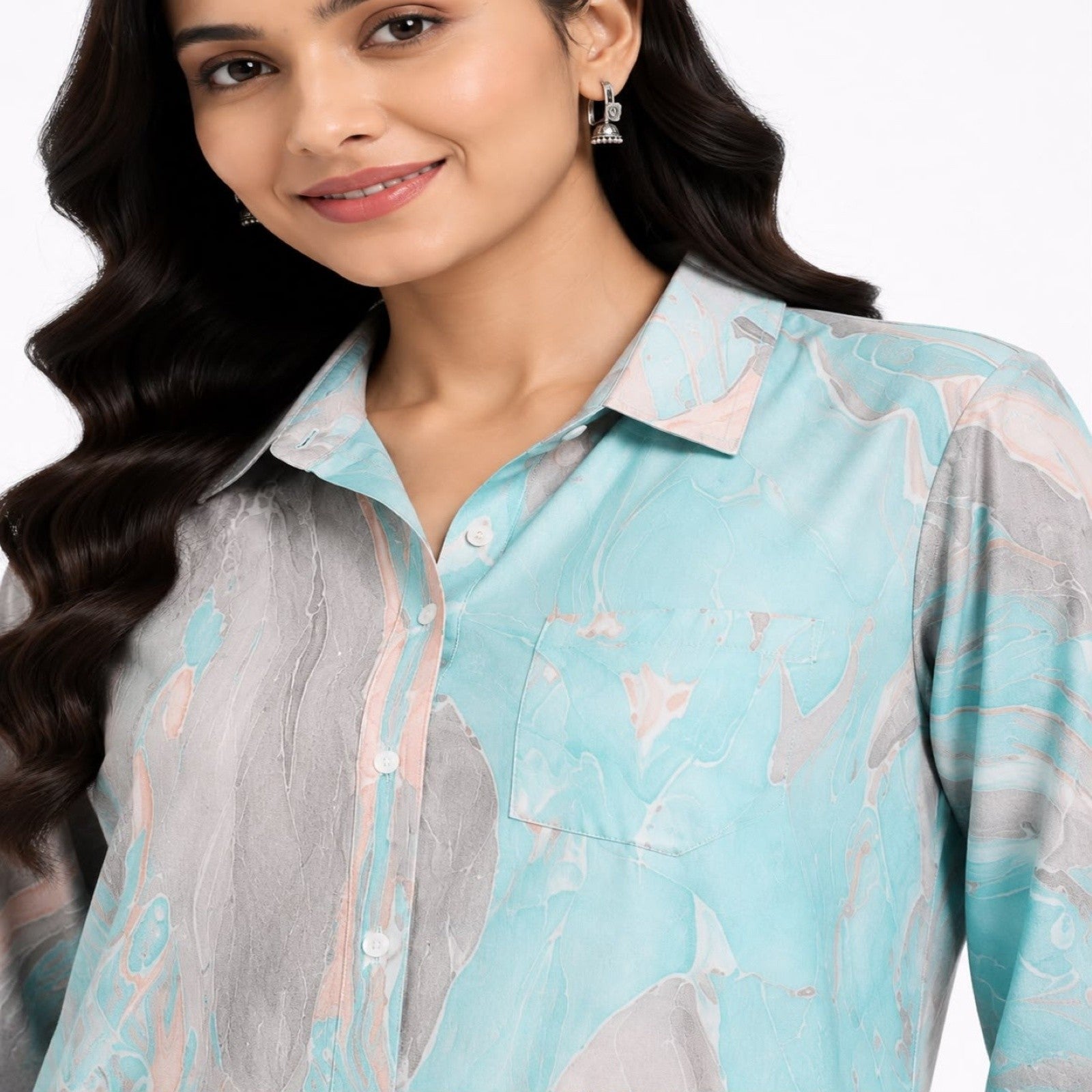 Women's Marble Print Co-Ord Set | Stylish Shirt & Wide Leg Pant Co-Ord Set for Women – Green-2