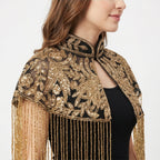 Women's Elegant Hand-Embroidered Mandarin Collar Cape with Metallic Fringe Tassel-3