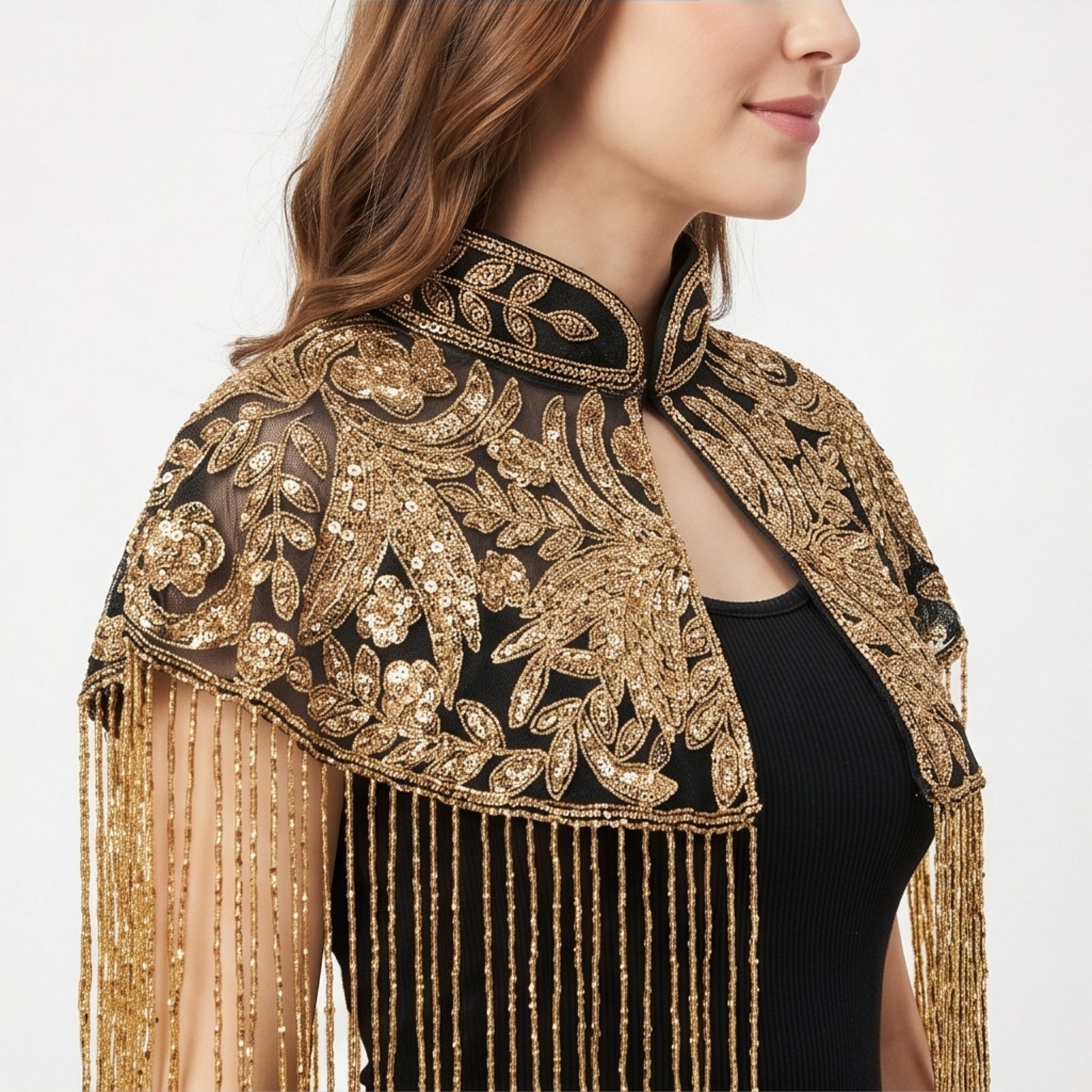 Women's Elegant Hand-Embroidered Mandarin Collar Cape with Metallic Fringe Tassel-3