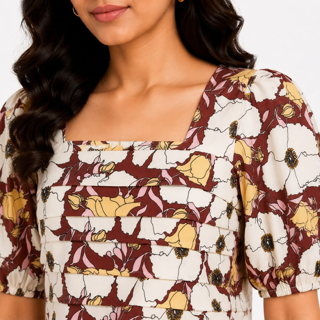 Women's Autumn Blossom Brown Printed Puff Sleeve Top-3