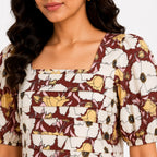 Women's Autumn Blossom Brown Printed Puff Sleeve Top-3