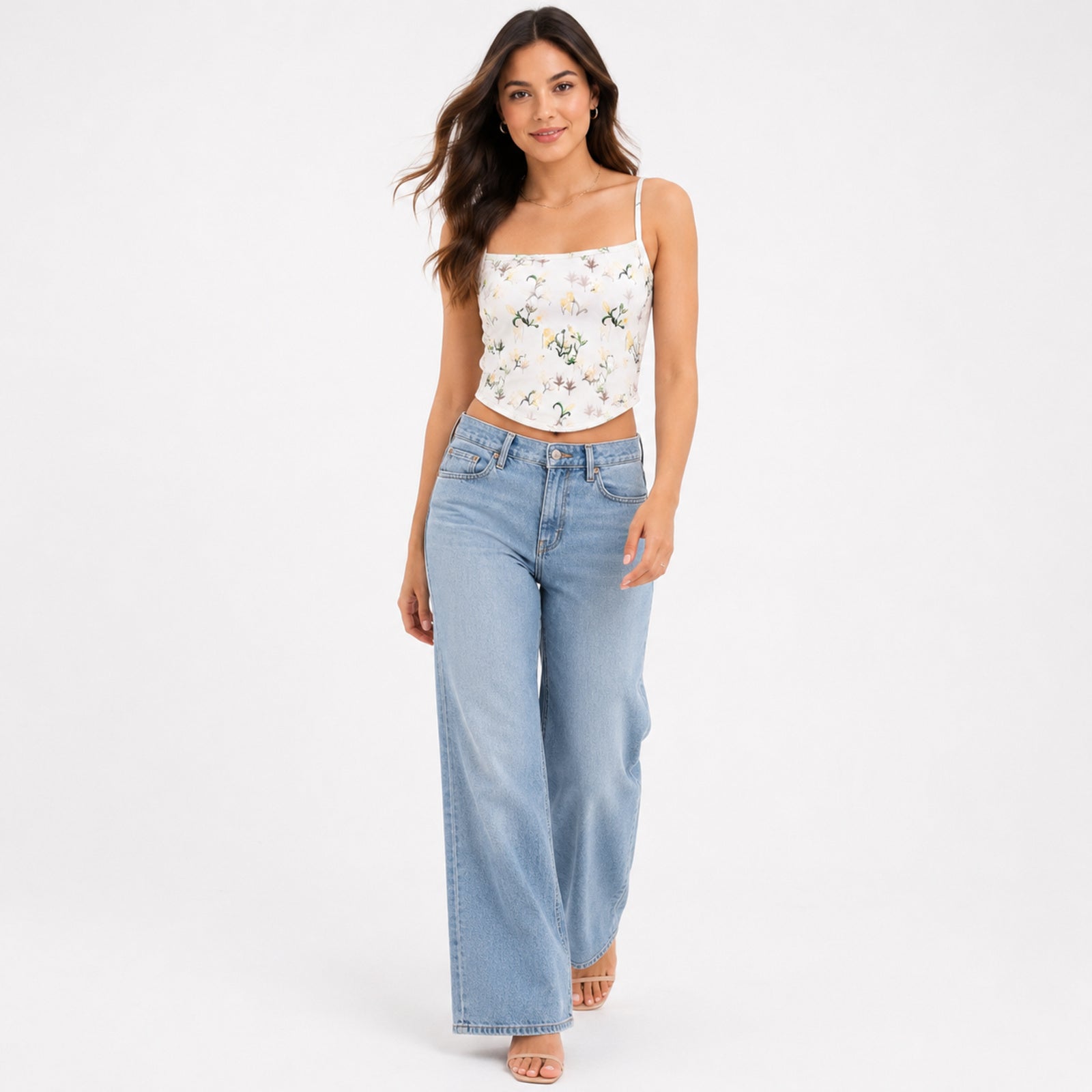 Women's White Floral Print Spaghetti Strap Crop Top-1