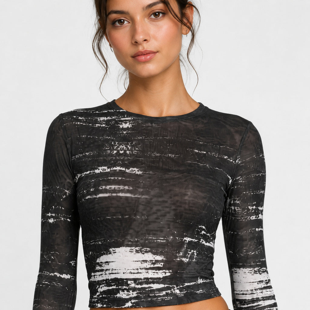 Women's Black Abstract Mesh Crop Top with Full Sleeves-3