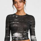 Women's Black Abstract Mesh Crop Top with Full Sleeves-3