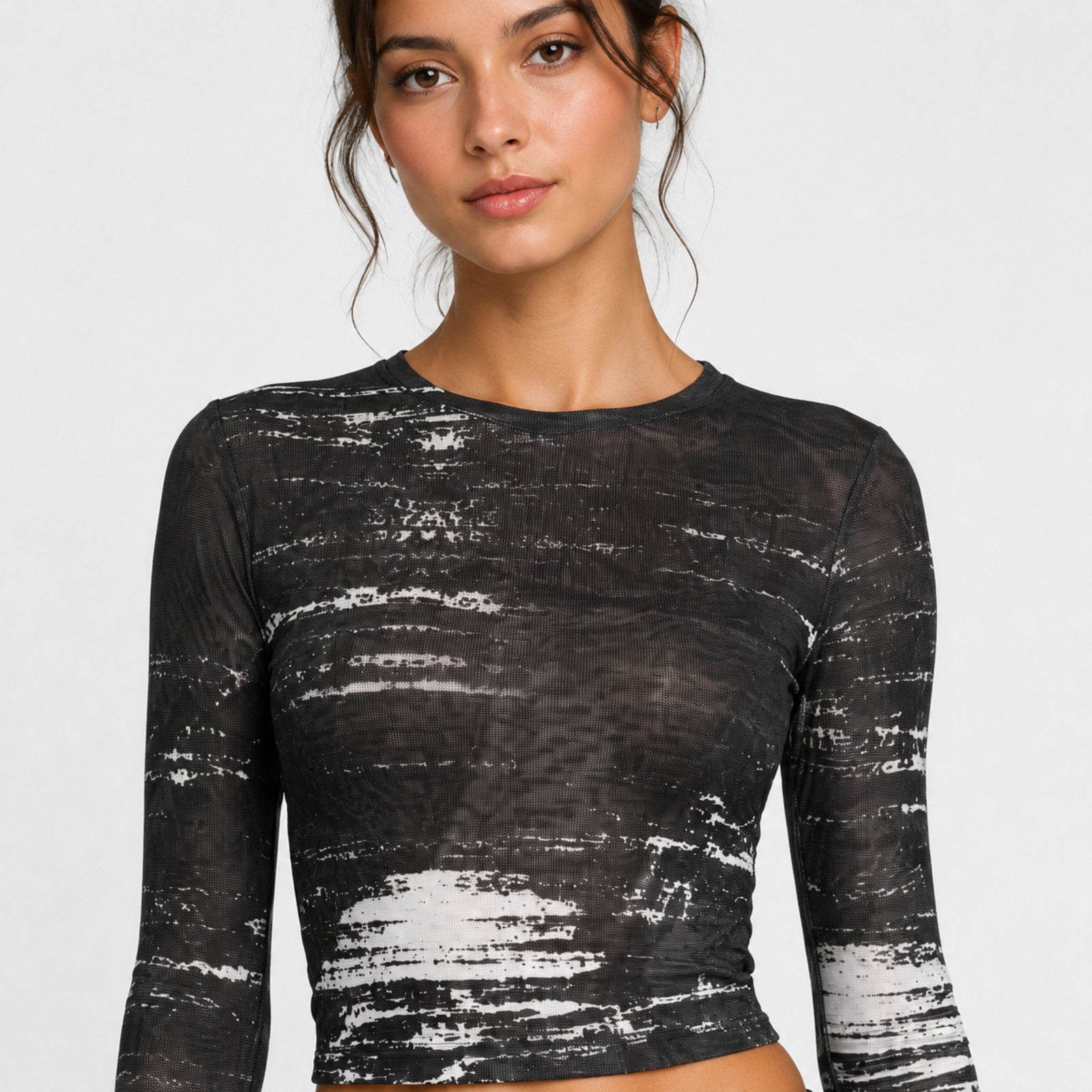 Women's Black Abstract Mesh Crop Top with Full Sleeves-3
