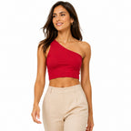 Women's Red One Shoulder Crop Top | Solid Slim Fit Asymmetrical Casual Top-1