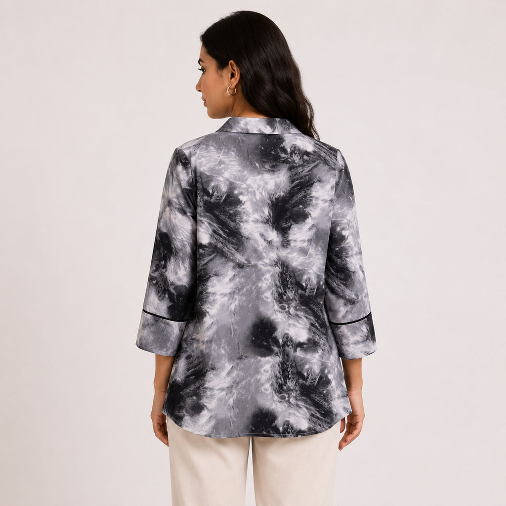 Women's Grey Abstract Printed Collared Shirt Top with Three-Quarter Sleeves-4
