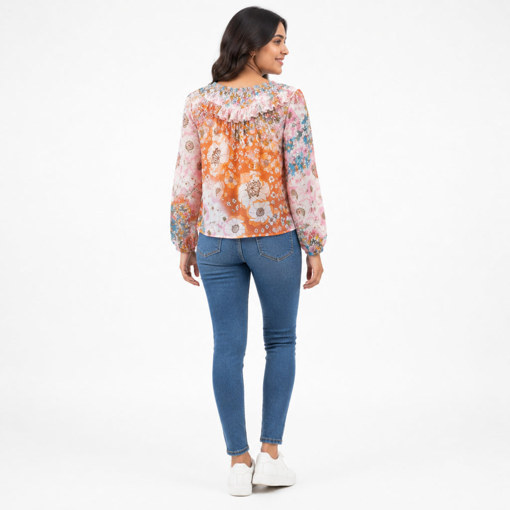 Women's Beige Floral Tie-Neck Peasant Top with Balloon Sleeves-4