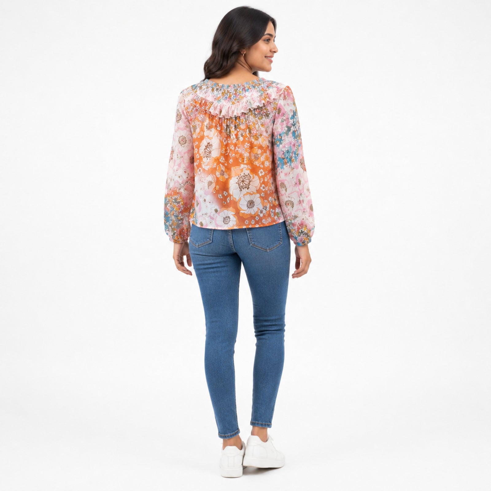 Women's Beige Floral Tie-Neck Peasant Top with Balloon Sleeves-4