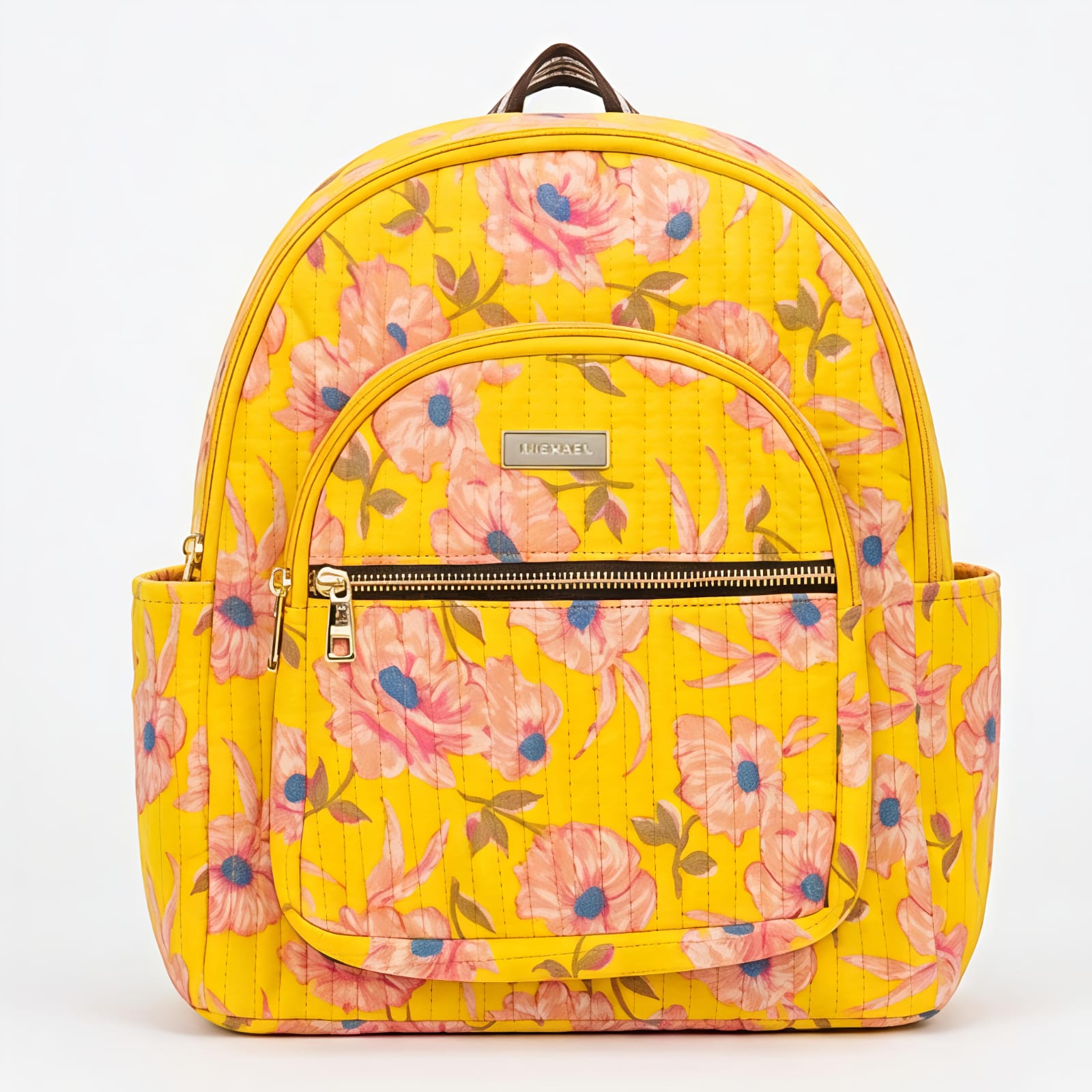 Women's Yellow Floral Printed Quilted Backpack-1