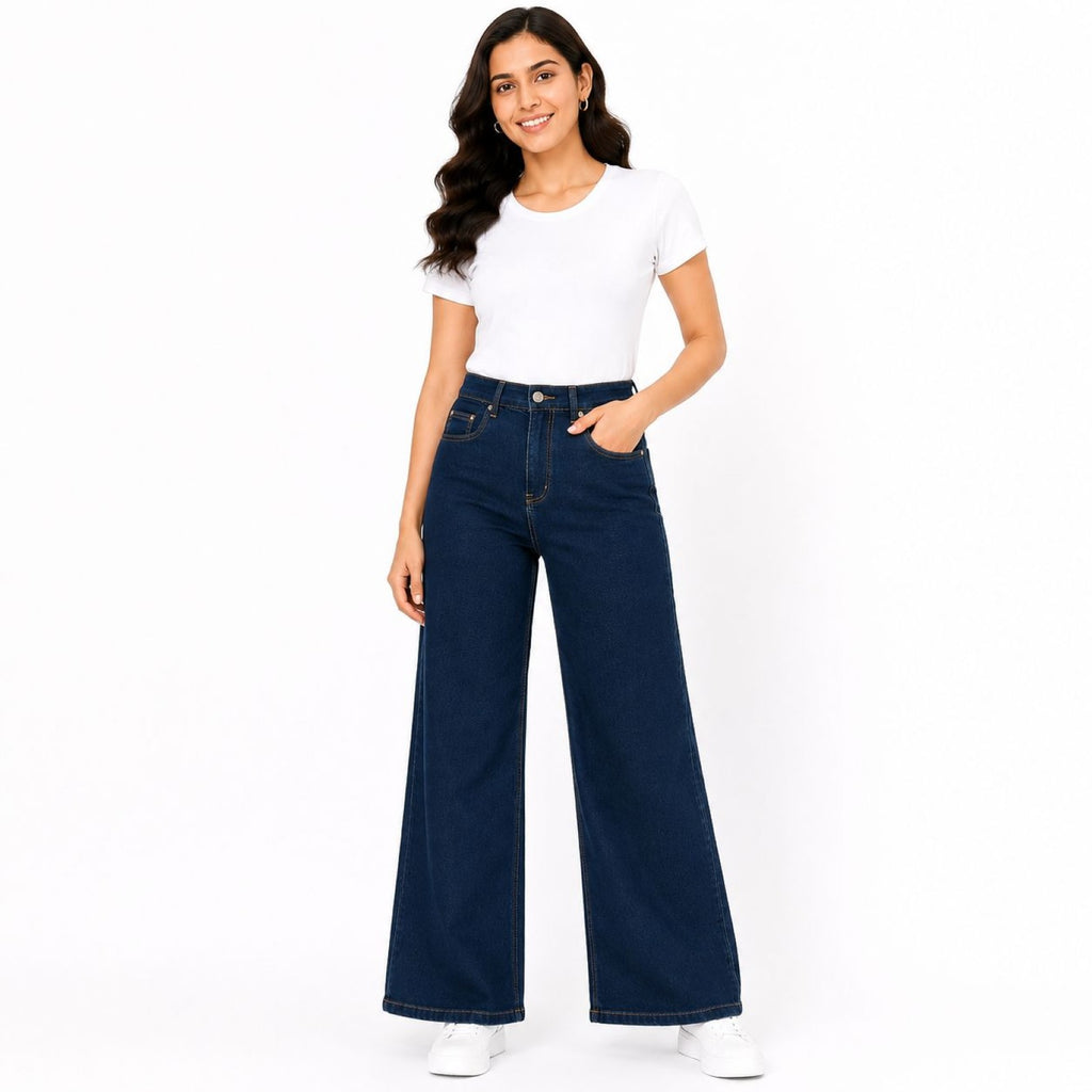 Women's Dark Blue High-Rise Wide Leg Jeans | Solid Stretch Denim Full Length Casual Pants-1