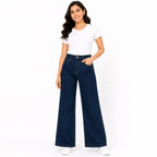 Women's Dark Blue High-Rise Wide Leg Jeans | Solid Stretch Denim Full Length Casual Pants-1