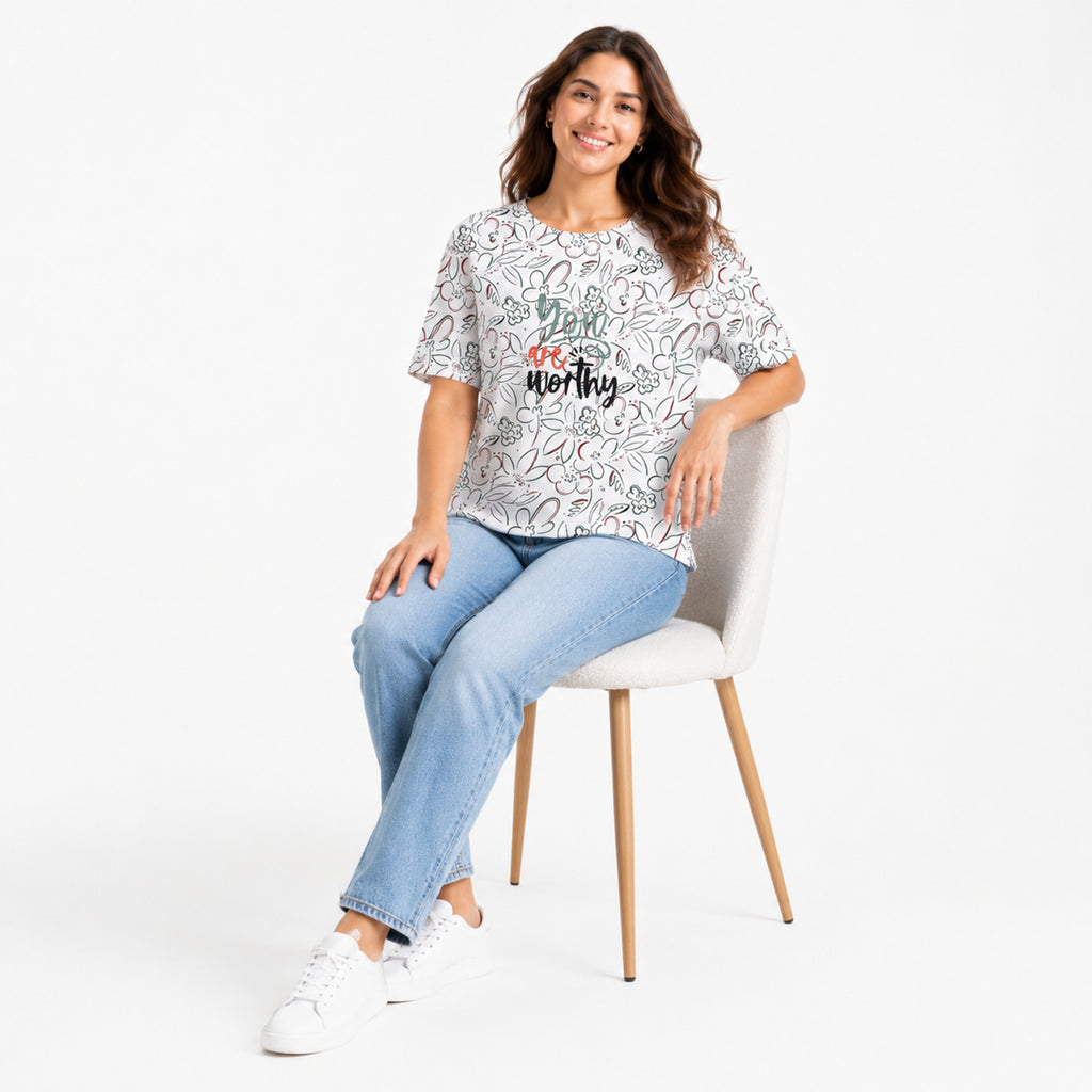 Women's White Floral Graphic Printed Oversized T-Shirt | Casual Everyday Cotton Tee-2